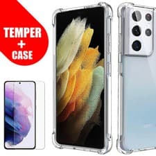Image of Samsung Galaxy S21 S20 FE S10 A03s CLEAR Shockproof Bumper Case + Tempered Glass