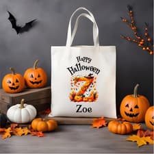 Image of Personalised Happy Halloween Initial Name Trick or Treat Tote Bag Gift Pumpkin