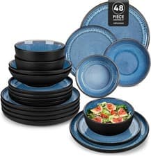 Image of 48pc Blue Dinner Set Plates Bowls Stoneware Reactive Glaze Service for 12