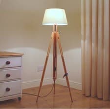 Image of Floor lamp with natural beech wooden tripod and cotton fabric lampshade