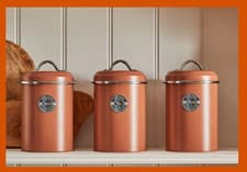 Image of NEXT Set of 3 Orange/Silver Badge Tea Coffee Sugar Storage Tins Jars Cannisters