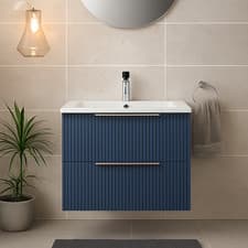Image of Niko Deco 600mm Fluted Satin Blue Wall Hung 2 Drawer Vanity & Basin Bathroom