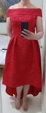 Image of CHI CHI LONDON Red Bardot Neckline, Dipped Hem Dress, Size 12