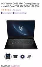 Image of MSI Vector GP66 15.6" (1TB SSD, Intel Core i9 12th Gen., 2.50 GHz, 16GB) GAMING