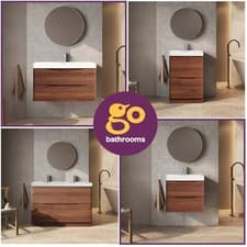 Image of Dark Wood Vanity Unit Resin Basin Wall Hung Floor Standing Bathroom Cabinet