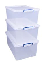 Image of Really Useful Nestable Plastic Storage Box 62 Litre Clear (Pack of 3)