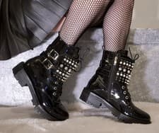 Image of BNIB Black Patent Studded Diamonte Ankle Boots Size 5