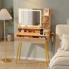 Image of Vanity Makeup Desk Dressing Table with LED Mirror 2 Drawers for Bedroom