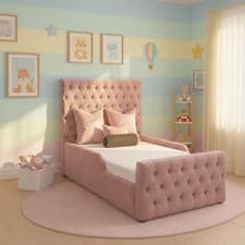 Image of Kids Bed Frame Chesterfield Plush Velvet Upholstered Gas Lift Storage Single 3FT