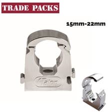 Image of 15mm 22mm Talon Chrome Effect Single Hinged Pipe Clips Copper Plastic Pipe Clip