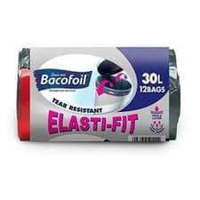 Image of Bacofoil Elasti-Fit 30 Litre Kitchen Bin Liners Pack Of 12 With Tie Handles