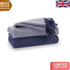 Image of Luxury Pack of 2 Navy Blue Chevron Cotton Throws - 125x150cm - Eco-Friendly