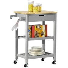 Image of HOMCOM Kitchen Trolley Utility Cart on Wheels with Rubberwood Worktop Towel Rack
