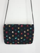 Image of Accessorize Black Bead & Sequin Spotted Bag Velvet Shoulder Metal Chain