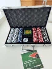 Image of PartyPoker branded 300-piece poker chip set in an aluminium carry case