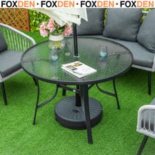 Image of 106cm Round Garden Dining Table with Parasol Hole and Tempered Glass Top Outdoor