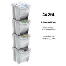 Image of Sorting Bins Recycling Segregation Waste Stackable Lidded White bin Set 20L 25L