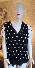 Image of M&S Black/White Polka Dot Sheer Panel V Neck Short Sleeve Top [18]