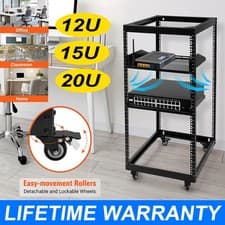 Image of UK 12U/15U/20U 4 Post Open Frame Server Rack Network Enclosure with Metal Wheels