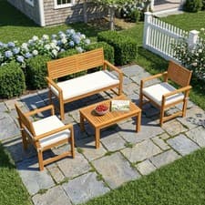 Image of 4 Seater Wooden Garden Furniture Set Loveseat Armchairs Table Cushions Outdoor