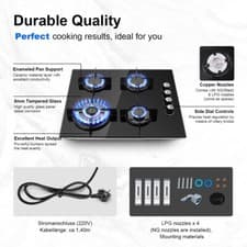 Image of 4 Burner Gas Hob 60cm NG/LPG Convertible Built in Cooktop Tempered Glass New