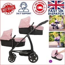 Image of Elegant Joie Evalite Twin Dolls Pram - Adjustable Handle & Storage - Pink/Black