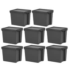Image of 8 x 24L Heavy Duty Black Storage Box Lid Stackable Container Recycled Plastic