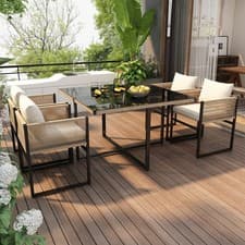 Image of 4 Seater Garden Dining Set with Glass Table and 4 Chairs, Cube Outdoor Furniture