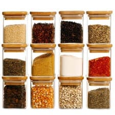 Image of 12 Pcs Square Glass Spice Jars with Natural Bamboo Lids - 5oz Airtight Herb C...