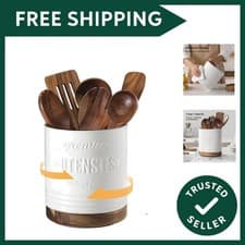 Image of Kitchen Utensil Holder, 360° Rotatable, Country Style Beige Ceramic, Kitchen ...