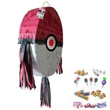 Image of Red and white round Pinata with sweets kids Smash Party filler poke game ball