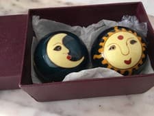 Image of PAST TIMES SUN & MOON MOTIF SYMBOLIC DESIGN PAIR OF STRESS BALLS/INTERNAL CHIMES