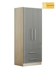 Image of Large Modern 2 Door Wardrobe with 2 Drawers – High Gloss Grey, Black & White
