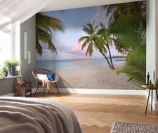 Image of Bedroom Wallpaper Mural 368x248 cm | 144x97 inch beach Island Palms Ocean blue