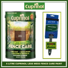 Image of Cuprinol Less Mess Fence Care Rustic Brown 6L + FREE 4" FENCE BRUSH