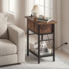 Image of Narrow End Table with Charging Station Skinny Sofa Side Table Brown