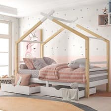 Image of House Bed Frame 3ft Single Bed Solid Pine Frame for Kids Children Boy Girl Bed