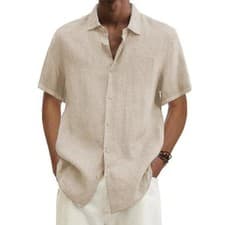 Image of Mens Short Sleeve Linen Shirt Casual Baggy Button-up Hawaiian Holiday Plain Tops