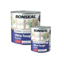 Image of Ronseal Stays White Ultra Tough WHITE GLOSS Wood Paint 750ml 2.5L