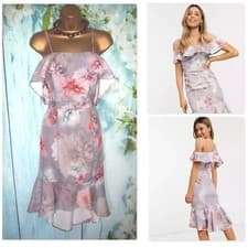 Image of NEW Chi Chi London Floral Pink Grey Midi Dress Size 12 Occasion Party Event