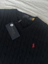 Image of Hunter Blue Polo Ralph Lauren Cable Knit Cotton Jumper