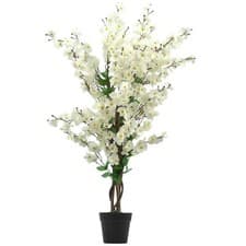 Image of Artificial Cherry Blossom Tree Realistic White Wintersweet Flowers Plant in Pot
