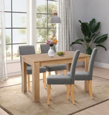 Image of Dining Table Set, Oak Fixed Top Table 120cm, 4 Straight Back Fabric Chair, Grey