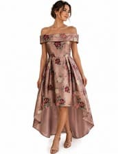 Image of Chi Chi pink floral dress Bardot neckline & dip hem Dusty pink size 16 BNWT