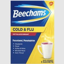 Image of Beechams Cold & Flu Hot Blackcurrant 5 Sachets Headache Fever Aches Pains