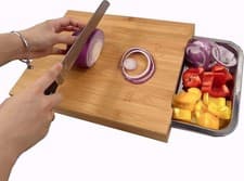 Image of Wooden Bamboo Chopping Board With Sliding Stainless Steel Tray, Chop & Serve