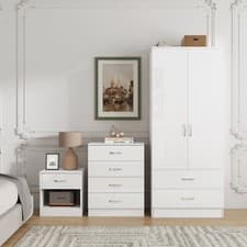 Image of 3 Piece High Gloss Bedroom Furniture Bedside Table Wardrobe Set Chest of Drawer