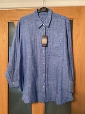 Image of M & S Sz 16 Blouse Shirt Style Dark Chambray Pure Linen Cool Comfort New