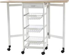 Image of Drop-Leaf Kitchen Cart Trolley w/ 3 Baskets Drawer Surface Top 6 Universal Wheel