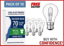 Image of 10x 70 Watt HALOGEN CLEAR LIGHT BULBS BC B22 BAYONET CAP OLD STYLE Pack FREE SHI